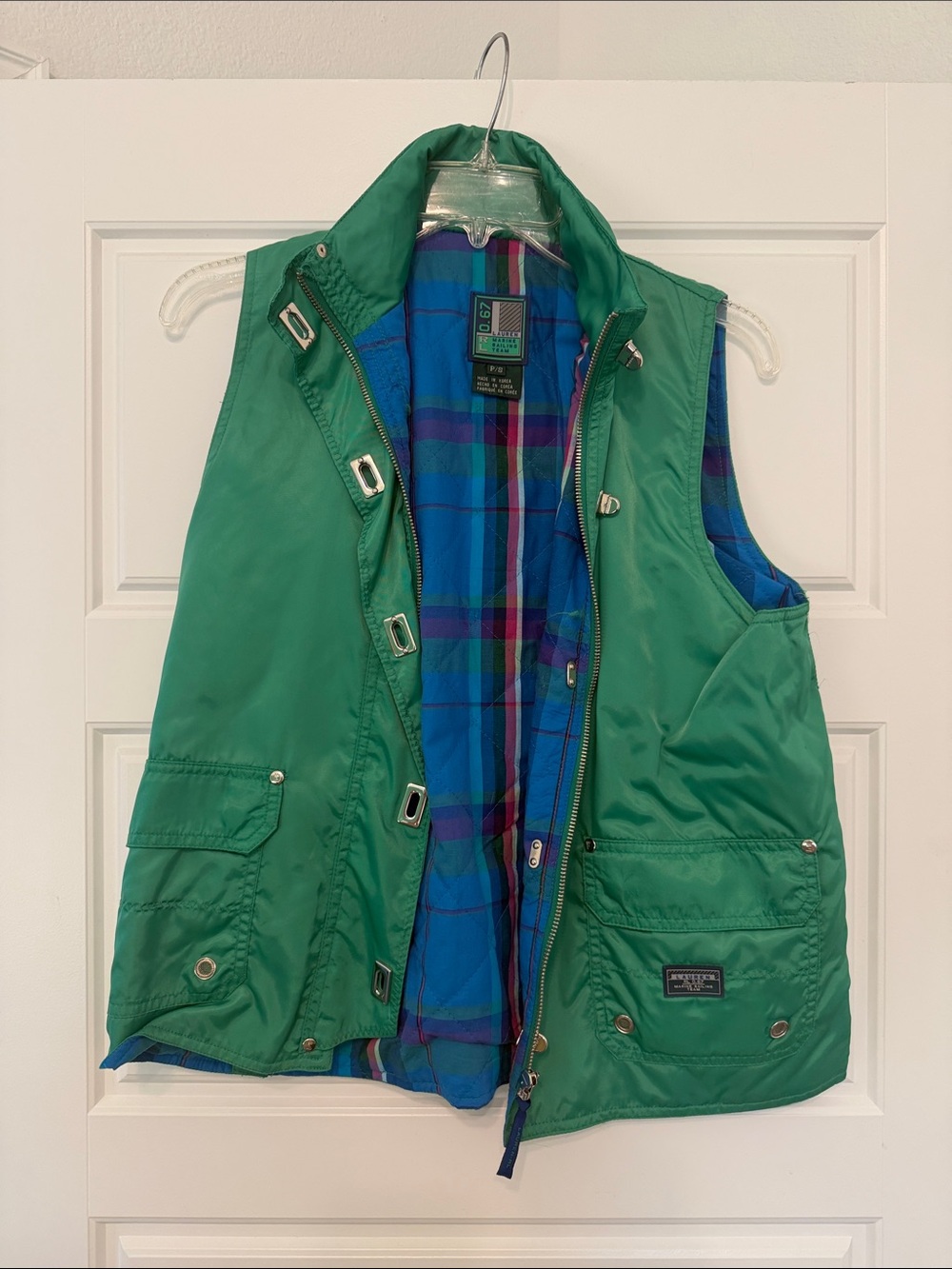 Lauren Ralph Lauren Emerald Green Quilted Vest with Blue Plaid Lining